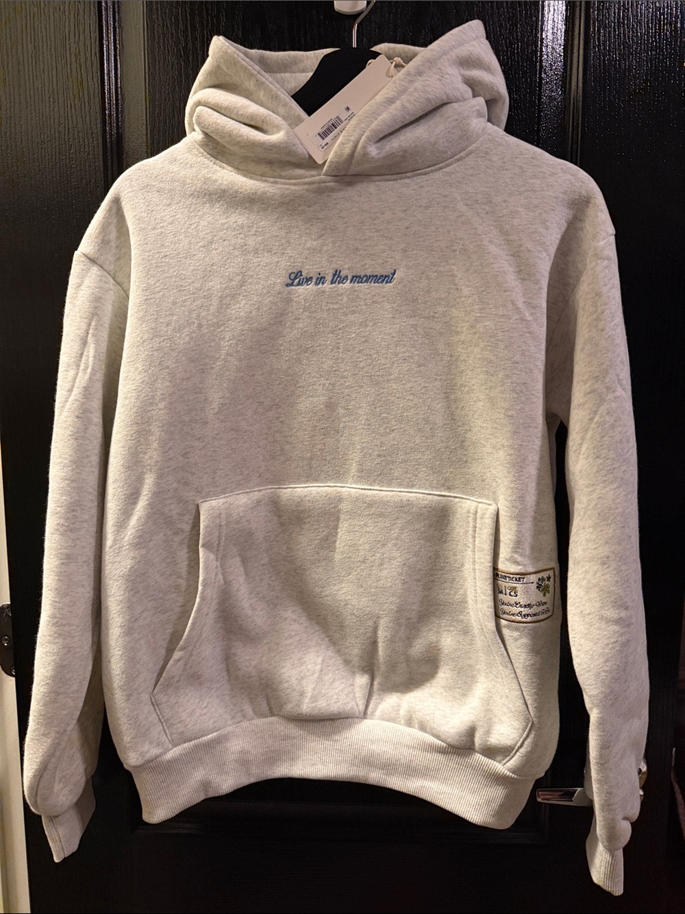 Altar'd State Light Gray Hoodie with Blue 'Live in the Moment' Embroidery